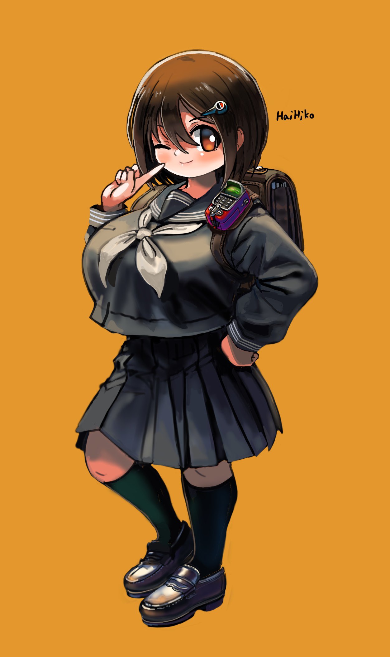 1girl, artist_name, backpack, bag, black_serafuku, breasts, brown_eyes, brown_hair