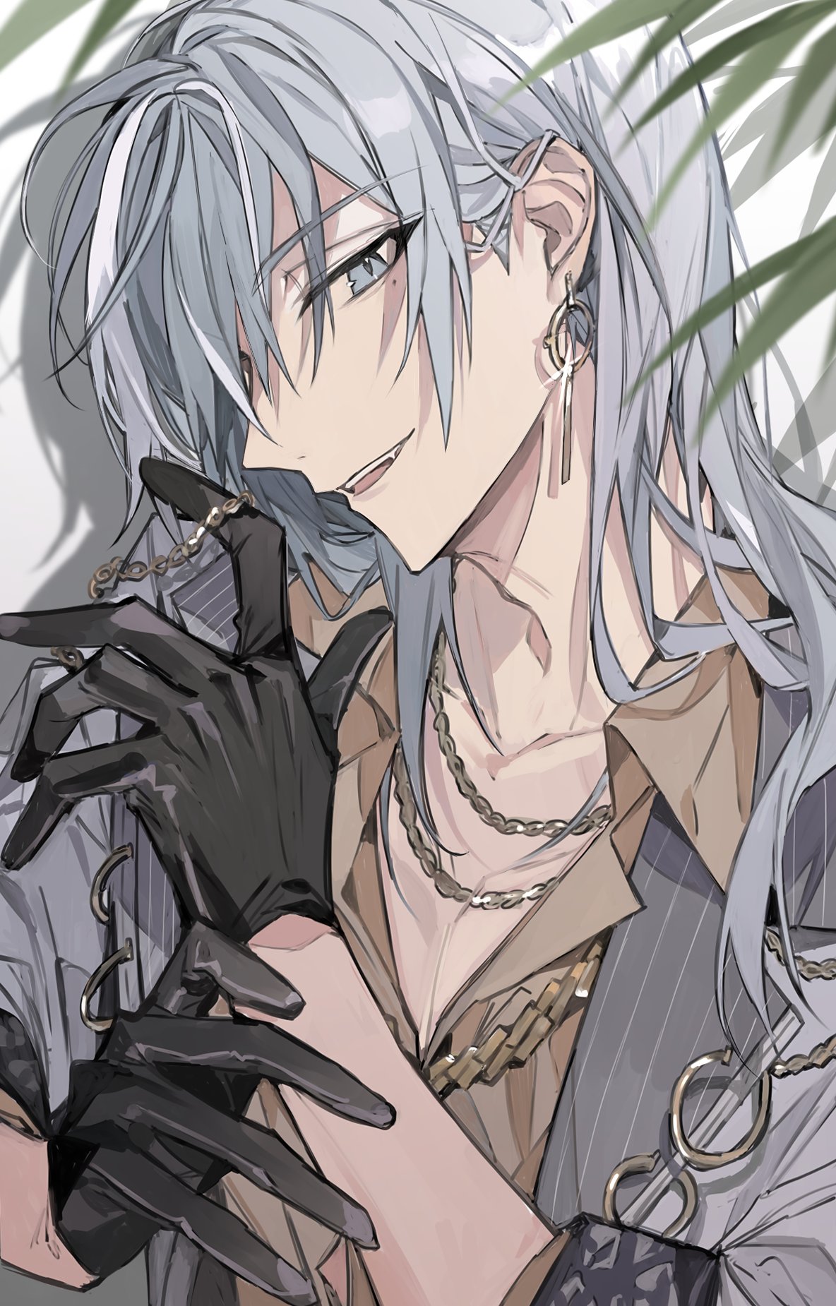1boy, bishounen, black_gloves, brown_shirt, earrings, facing_to_the_side, formal, gloves, grey_eyes, grey_hair, grey_jacket, highres, idolish7, jacket, jewelry, long_hair, looking_at_viewer, male_focus, mole, mole_under_eye, open_mouth, ring, shirt, short_sleeves, smile, solo, tamotui7, white_background, yuki_(idolish7)