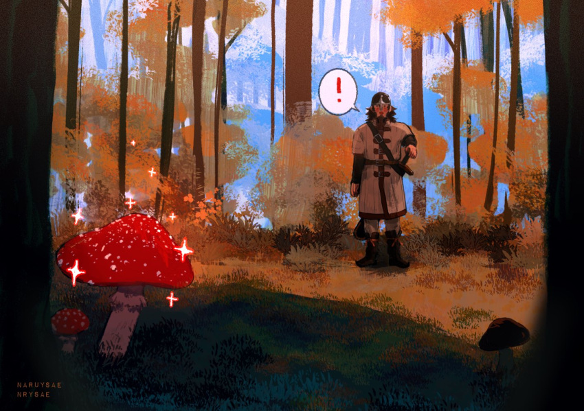 1boy, beard, bjorn_(vinland_saga), facial_hair, forest, mushroom, naruysae, nasal_helmet