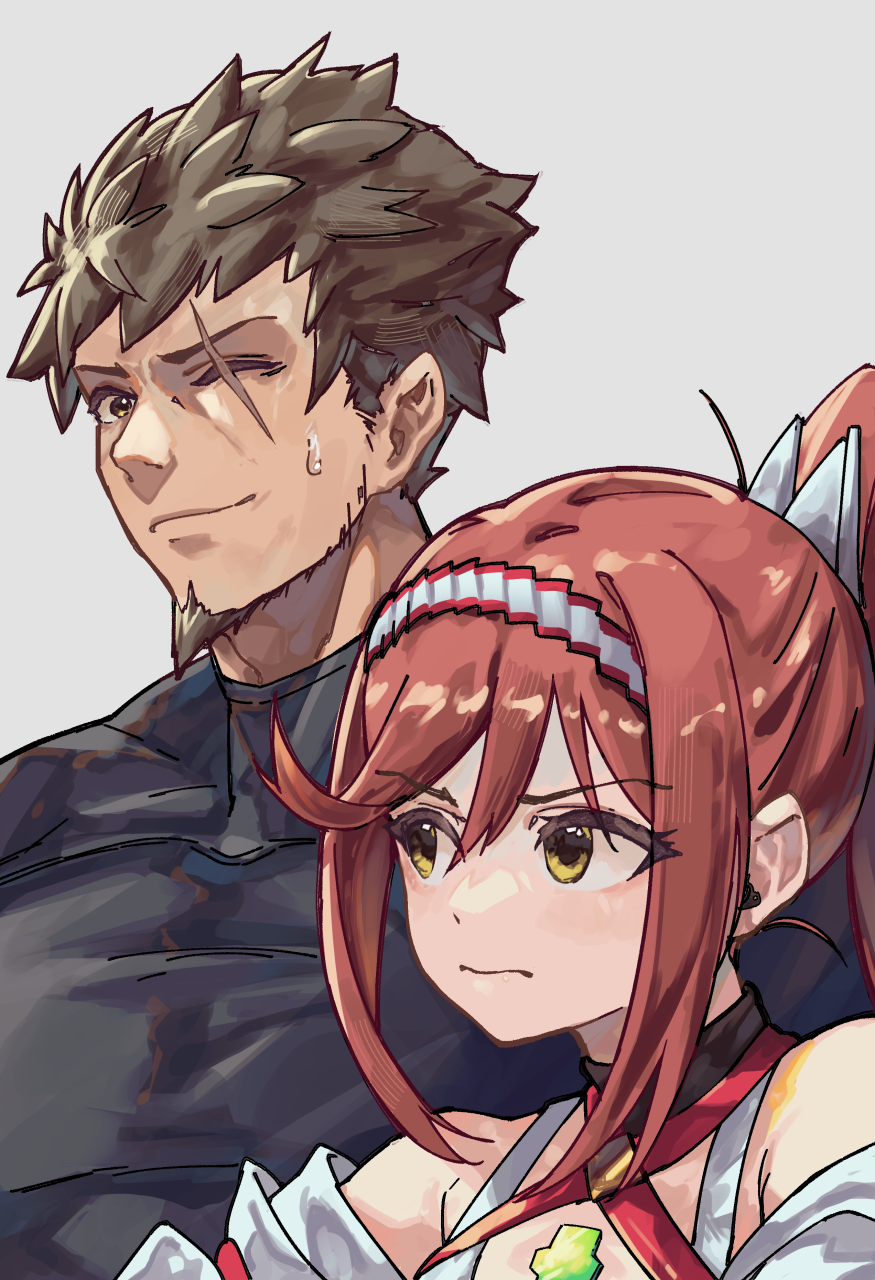 1boy, 1girl, aged_up, bare_shoulders, brown_hair, chest_jewel, core_crystal_(xenoblade), criss-cross_halter