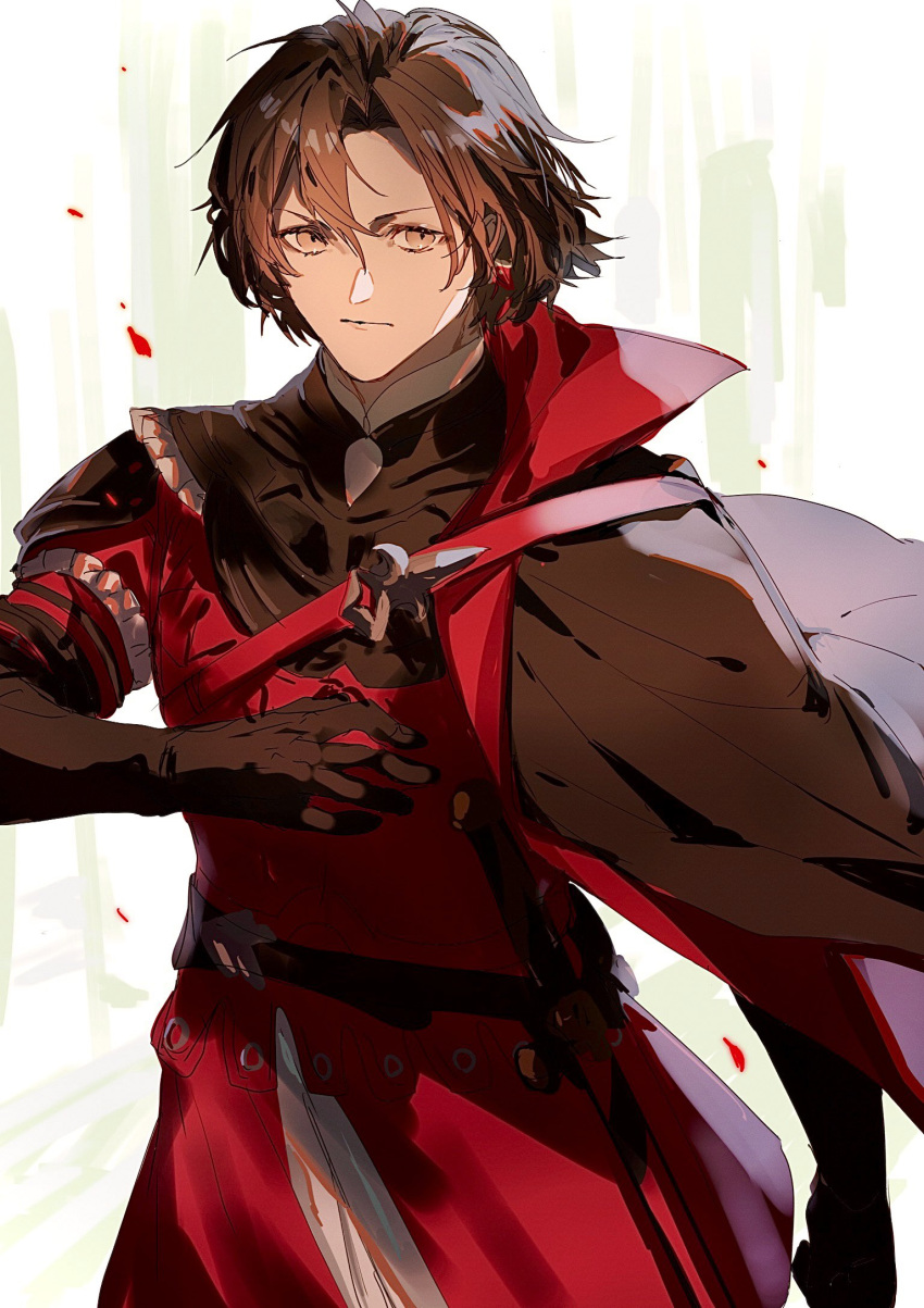 1boy, armor, black_cape, black_gloves, black_hair, brown_eyes, cape, closed_mouth