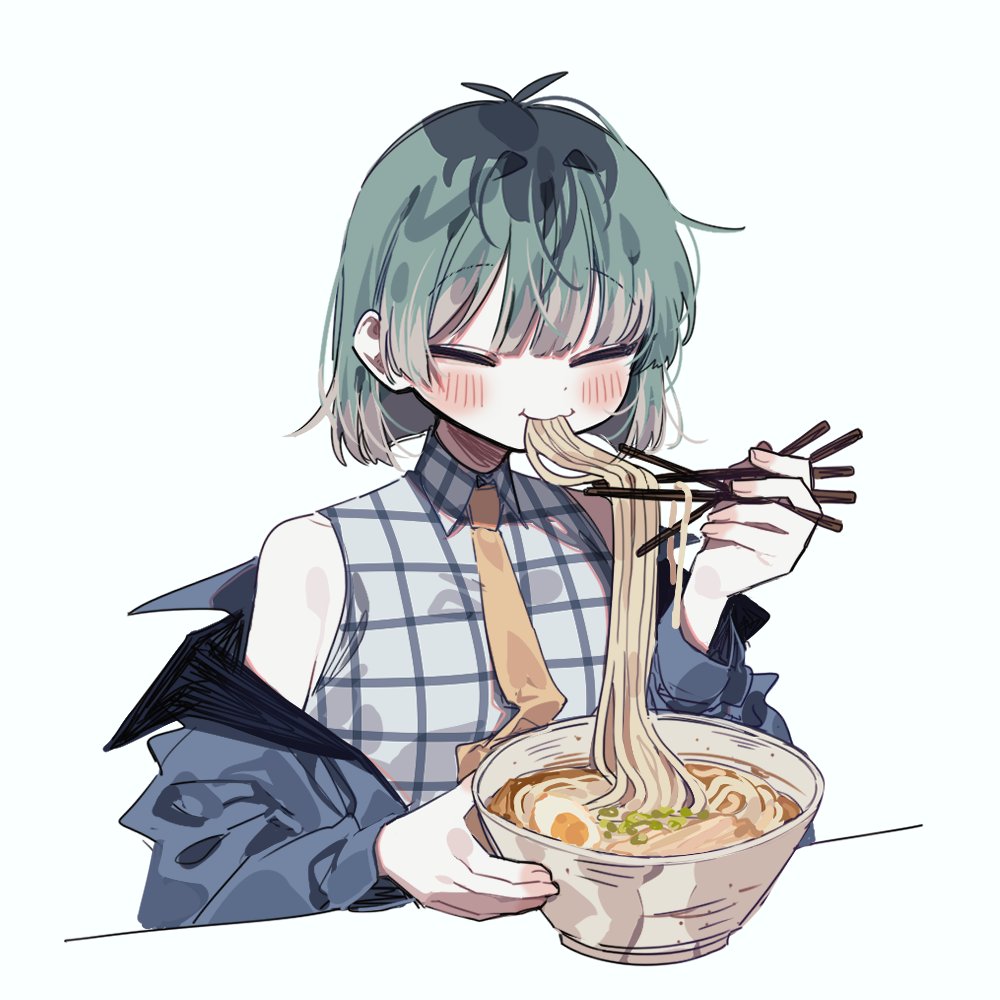 1girl, ai_drawing_anime_characters_eating_ramen_(meme), blue_jacket, blush, bowl, chopsticks, closed_eyes, closed_mouth, collared_shirt, dbffnj9yodnccnd, egg_(food), fingernails, food, genderswap, genderswap_(mtf), green_hair, holding, holding_chopsticks, hypnosis_mic, jacket, meme, necktie, noodles, nurude_sasara, off_shoulder, plaid, plaid_shirt, ramen, roots_(hair), shirt, simple_background, sleeveless, sleeveless_shirt, solo, too_many, white_background, yellow_necktie