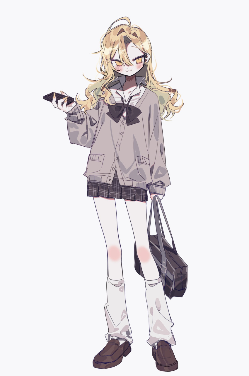 :3, ahoge, bag, black_bag, black_bow, black_bowtie, blonde_hair, blush