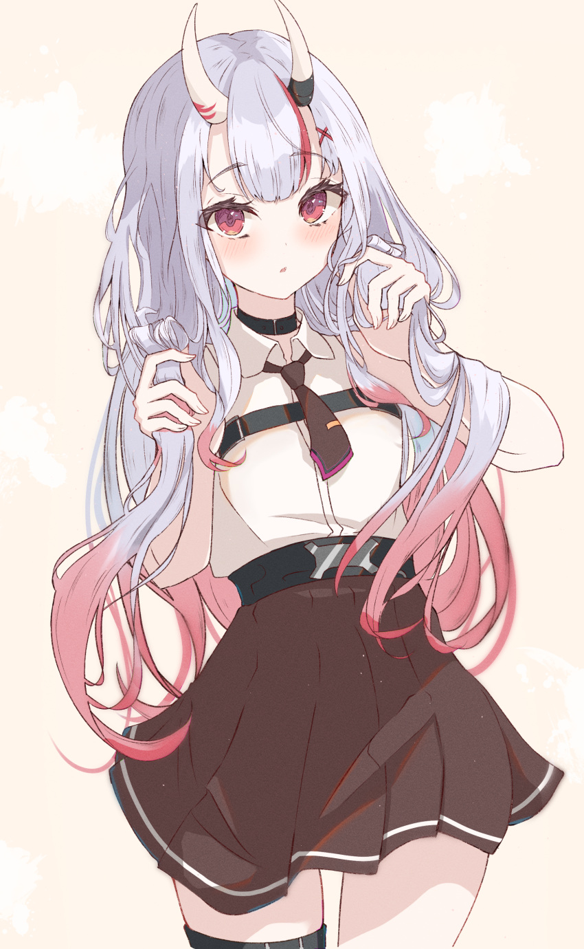 1girl, absurdres, blush, collared_shirt, cowboy_shot, fang, gradient_hair, grey_hair, hair_ornament, highres, holding, holding_hair, hololive, horns, long_hair, looking_at_viewer, multicolored_hair, nakiri_ayame, nakiri_ayame_(5th_costume), necktie, nishiki_yuno, official_alternate_costume, oni_horns, open_mouth, pleated_skirt, red_eyes, redhead, shirt, simple_background, skirt, sleeveless, sleeveless_shirt, solo, streaked_hair, virtual_youtuber, white_hair, white_shirt, x_hair_ornament
