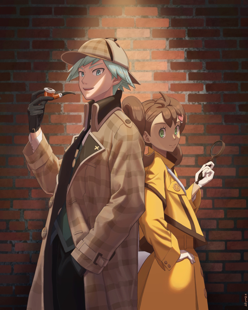 1boy, 1girl, absurdres, brick_wall, brown_coat, brown_hair, closed_mouth, coat