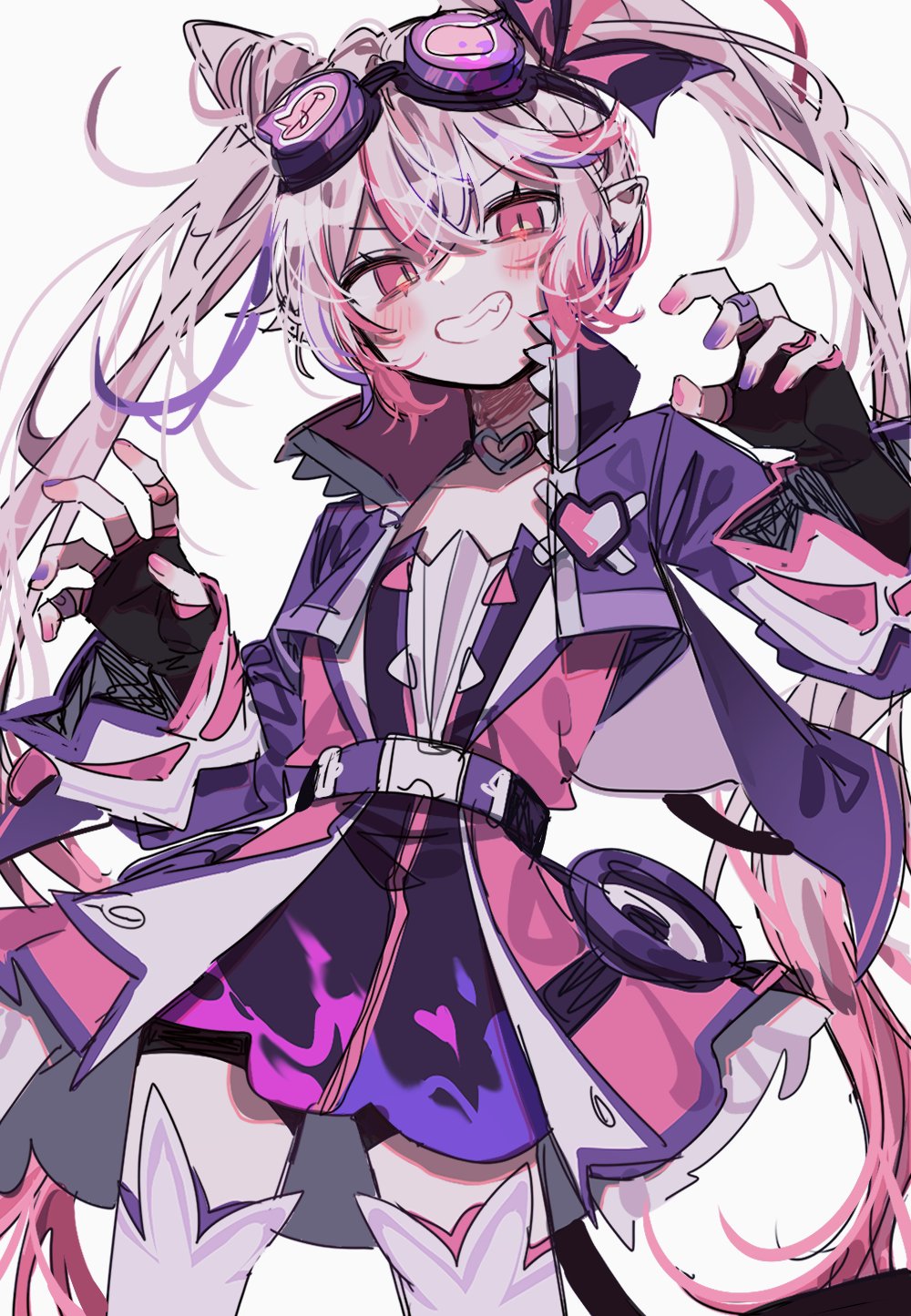 1girl, bandaid, bandaid_on_hand, bike_shorts, black_gloves, black_shorts, blush, claw_pose