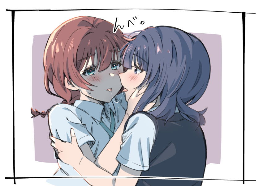 2girls, aroused, asaka_karin, black_hair, blue_eyes, blue_vest, blush, braid