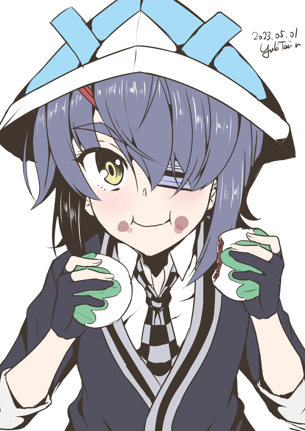 1girl, aged_down, artist_name, black_gloves, black_jacket, checkered_necktie, collared_shirt, dated