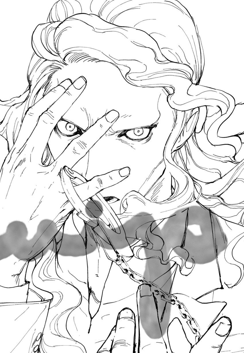 1boy, almostghost, blonde_hair, cuffs, formal, hand_on_own_face, handcuffs, highres, hinrigh_biganduffno, hunter_x_hunter, long_hair, long_sleeves, looking_at_viewer, male_focus, monochrome, shirt, signature, simple_background, solo, suit, wavy_hair, white_background