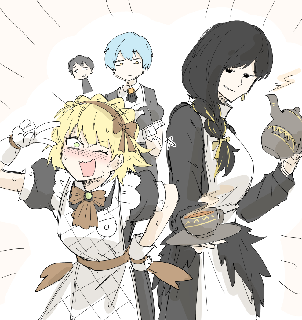 angela_(project_moon), apron, binah_(project_moon), black_hair, blush, cup, holding, holding_teapot, kankan33333, library_of_ruina, maid, maid_apron, maid_headdress, project_moon, roland_(library_of_ruina), side_ponytail, tea, teacup, teapot, tiphereth_a_(project_moon)