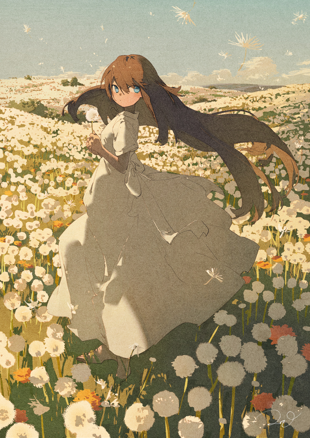 1girl, back_bow, barefoot, blue_eyes, blue_sky, bow, breasts, brown_hair, closed_mouth, clouds, cloudy_sky, daisy, day, dress, expressionless, field, floating_hair, flower, flower_field, full_body, grass, hair_between_eyes, highres, hill, holding, holding_flower, landscape, long_hair, looking_to_the_side, meadow, medium_breasts, nature, on_grass, on_ground, original, outdoors, potg_(piotegu), rural, scenery, sepia, short_sleeves, sidelocks, sky, solo, standing, tree, white_dress, white_flower, wind