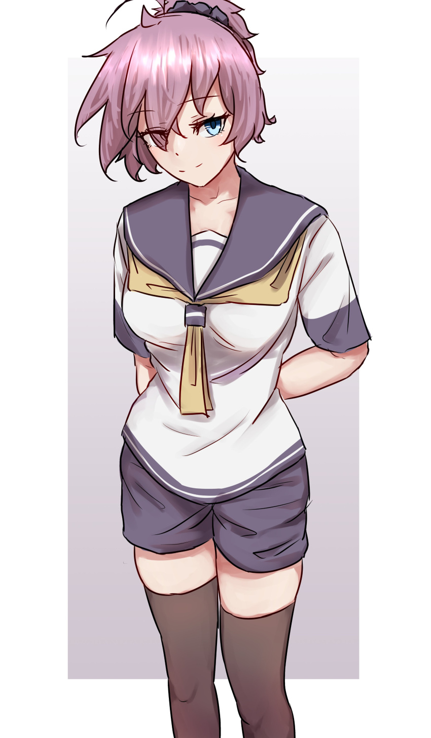 1girl, absurdres, ahoge, aoba_(kancolle), arm_behind_back, black_thighhighs, blue_eyes, blue_scrunchie