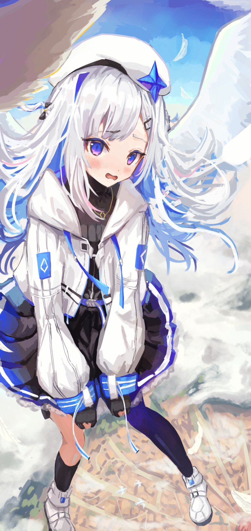 1girl, absurdres, amane_kanata, amane_kanata_(3rd_costume), angel_wings, asymmetrical_legwear, beret, bizarre_(bizarre64637036), black_dress, black_gloves, black_socks, blue_dress, blue_hair, blue_thighhighs, colored_inner_hair, commentary, dress, embarrassed, feathered_wings, flying, gloves, gradient_dress, grey_hair, hair_ornament, hairclip, hat, highres, hololive, jacket, jewelry, kneehighs, long_hair, long_sleeves, looking_at_viewer, mismatched_legwear, multicolored_hair, necklace, official_alternate_costume, official_alternate_hair_length, official_alternate_hairstyle, open_mouth, partially_fingerless_gloves, pleated_dress, puffy_long_sleeves, puffy_sleeves, shoes, short_dress, single_hair_intake, single_kneehigh, single_sock, single_thighhigh, sneakers, socks, solo, star_(symbol), star_necklace, swept_bangs, thigh-highs, two_side_up, uneven_legwear, violet_eyes, virtual_youtuber, white_footwear, white_headwear, white_jacket, white_wings, wings