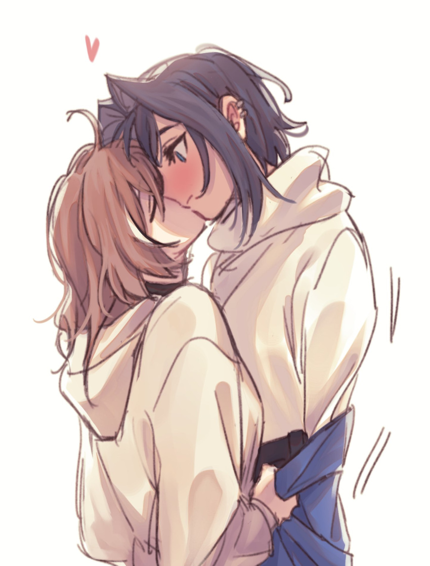 2girls, ahoge, black_choker, blue_coat, blue_eyes, blue_hair, blush, brmameng