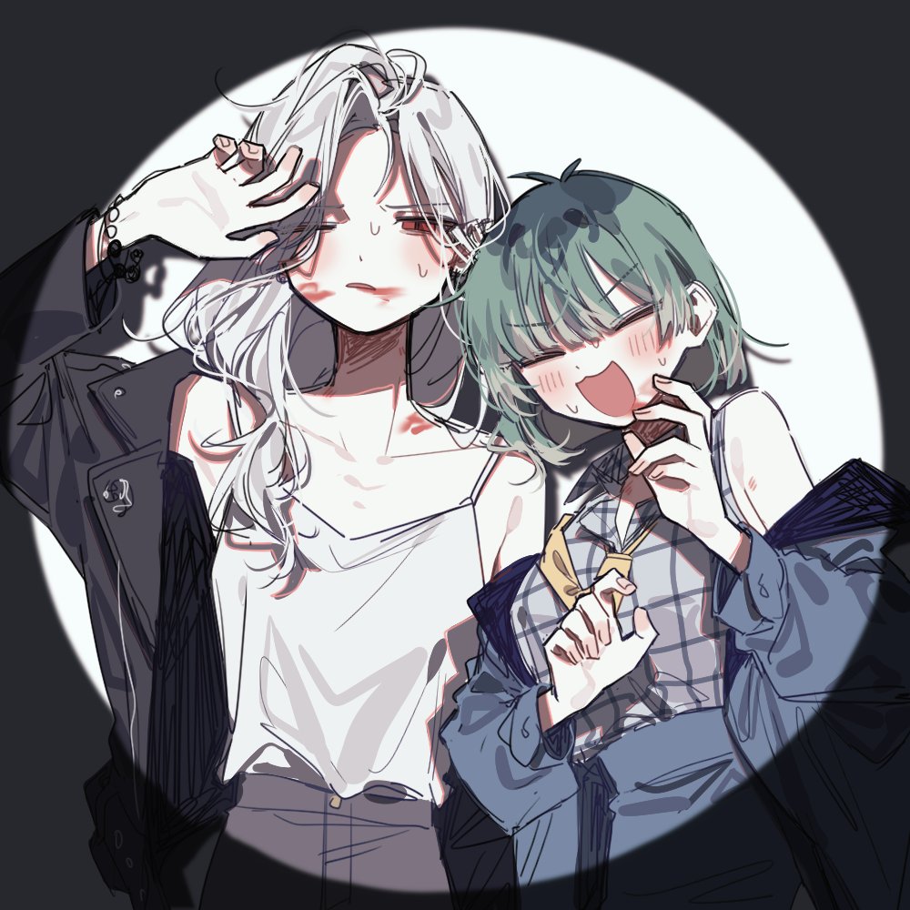 2girls, :3, :d, after_kiss, aohitsugi_samatoki, black_skirt, blush, caught