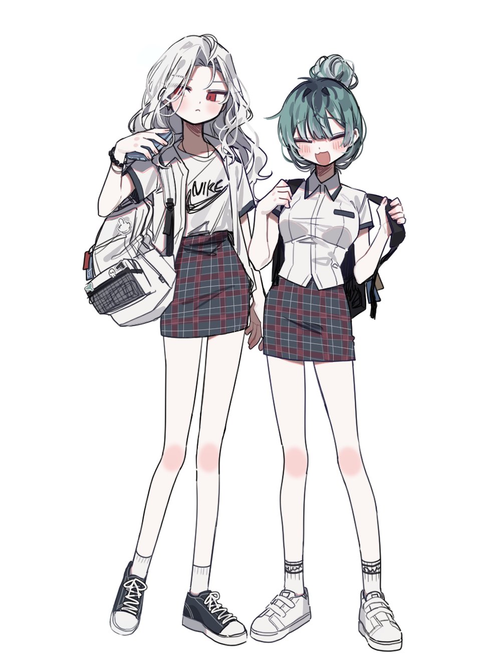 2girls, aohitsugi_samatoki, backpack, bag, black_footwear, bracelet, collared_shirt, dbffnj9yodnccnd