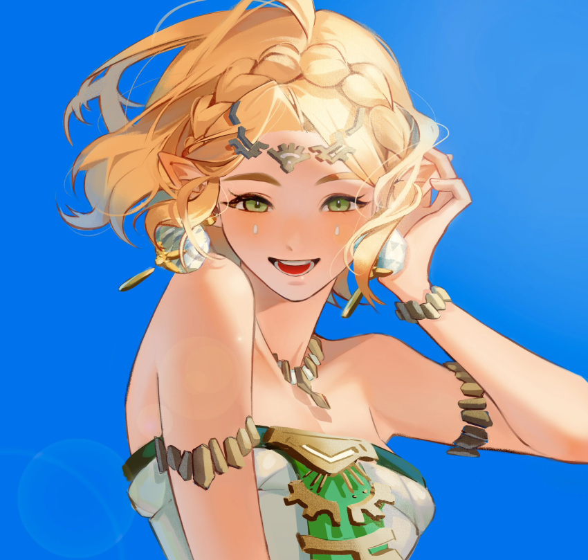 1girl, bare_shoulders, blonde_hair, blush, braid, collarbone, crown_braid, dress