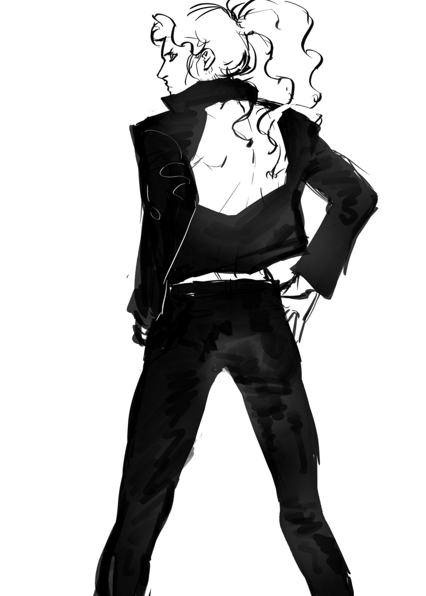 1boy, almostghost, back_cutout, black_jacket, black_pants, blonde_hair, clothing_cutout, from_behind