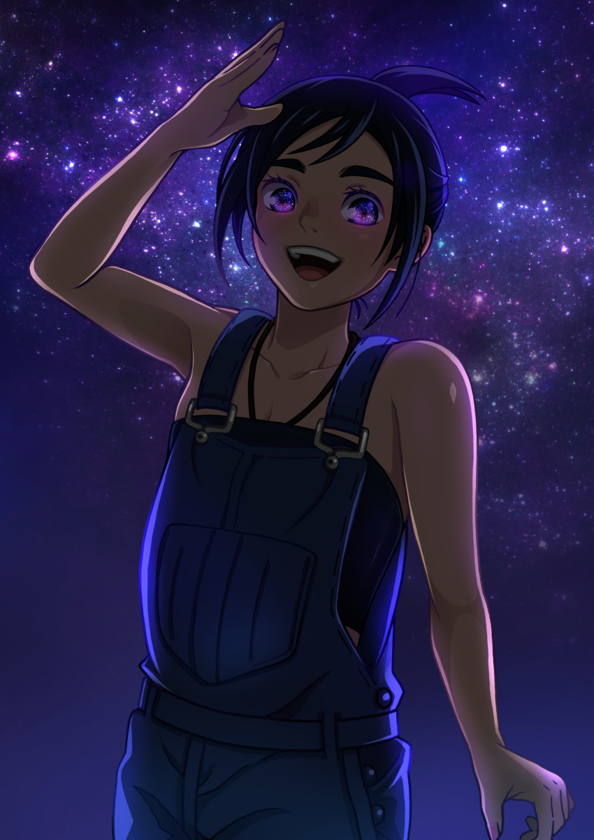 1girl, arm_up, bare_arms, bare_shoulders, black_hair, black_tank_top, blue_overalls, character_request