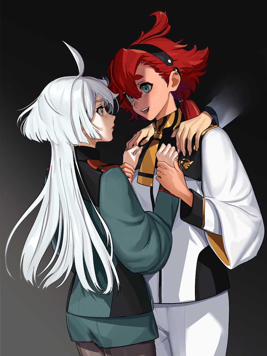 2girls, ahoge, back, black_background, black_hairband, black_pantyhose, blue_eyes, closed_mouth, dnrl_rnldudnj, fingernails, gradient_background, green_jacket, green_shorts, grey_background, grey_eyes, grey_jacket, gundam, gundam_suisei_no_majo, hair_between_eyes, hair_ornament, hairband, hands_up, holding, holding_hands, jacket, long_fingernails, long_hair, long_sleeves, looking_at_another, mandarin_collar, miorine_rembran, multiple_girls, necktie, open_mouth, orange_necktie, pants, pantyhose, ponytail, redhead, shorts, simple_background, standing, suletta_mercury, sweat, sweatdrop, teeth, tongue, white_hair, white_jacket, white_pants, wide_sleeves