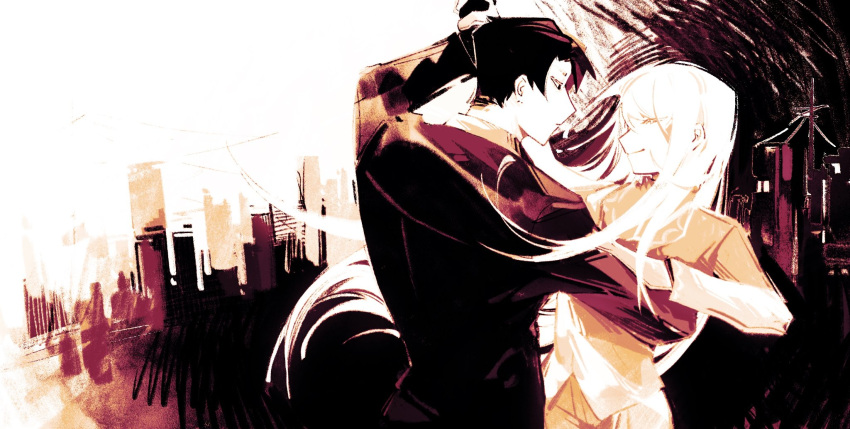 1boy, 1girl, angelica_(library_of_ruina), beeeeeebird, black_eyes, black_gloves, black_hair, black_jacket
