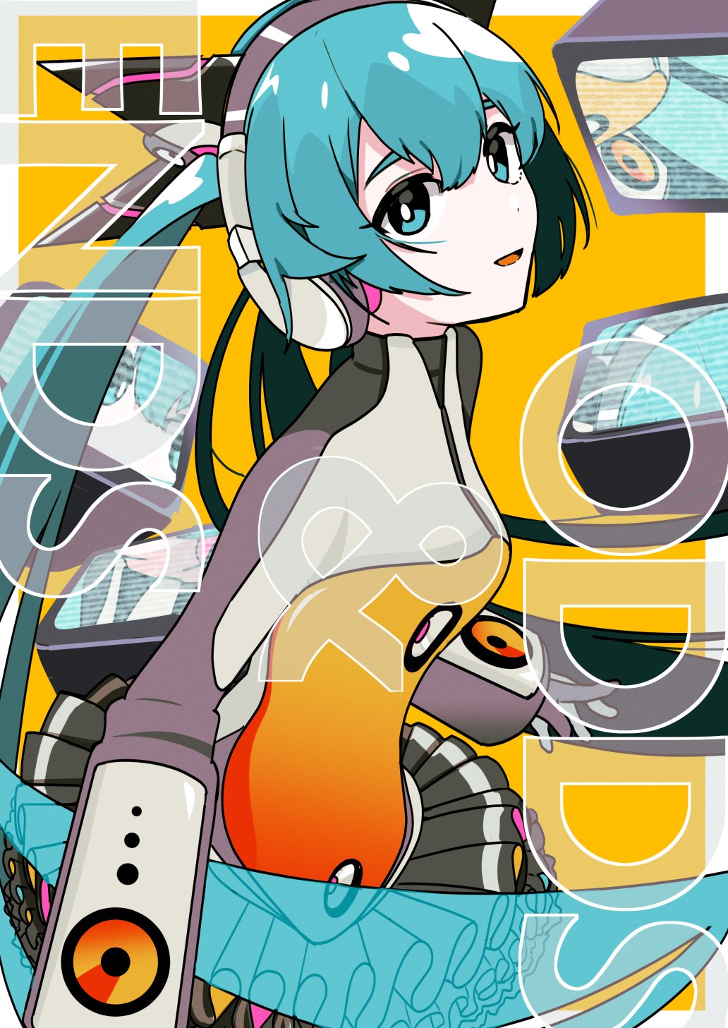 1girl, aqua_eyes, aqua_hair, black_skirt, copyright_name, english_text, hair_between_eyes, hatsune_miku