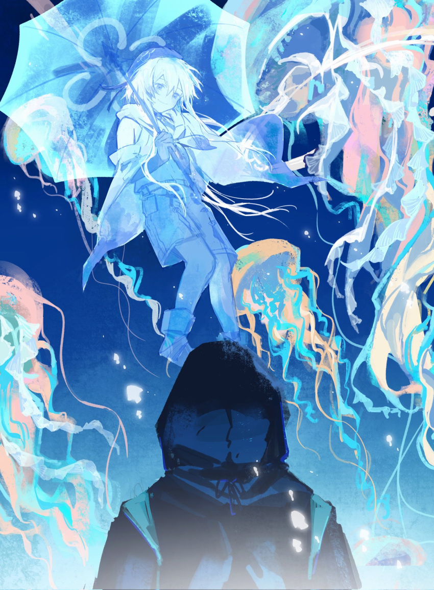 1boy, 1other, arknights, beret, black_coat, blue_sky, boots, capelet, coat, doctor_(arknights), floating, gloves, hat, highres, holding, holding_umbrella, hood, hood_up, hooded_coat, jellyfish, looking_down, mizuki_(arknights), neckerchief, pantyhose_under_shorts, short_hair_with_long_locks, shorts, sky, smile, umbrella, yanfenguo_gao