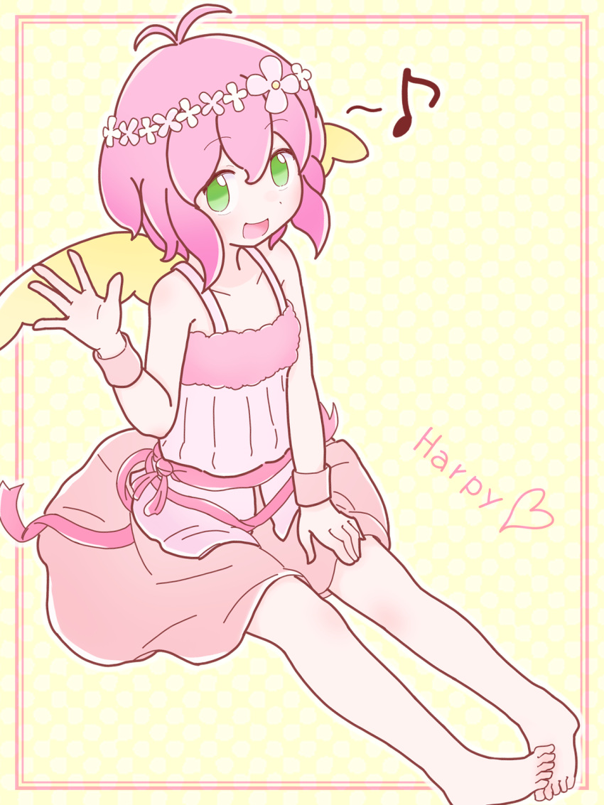 1girl, angel, angel_wings, barefoot, blush, dress, flower, green_eyes