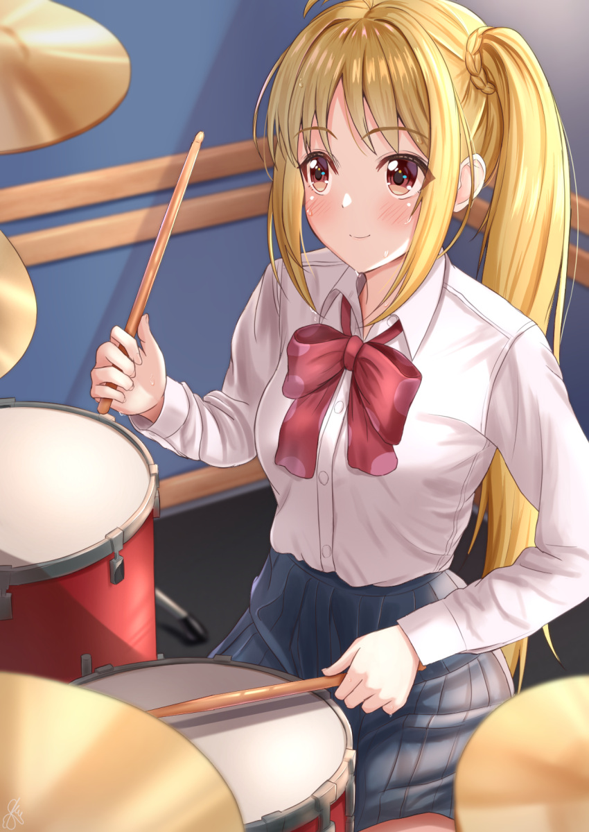 1girl, ahoge, akiyama0818, black_skirt, blonde_hair, blush, bocchi_the_rock!, bow