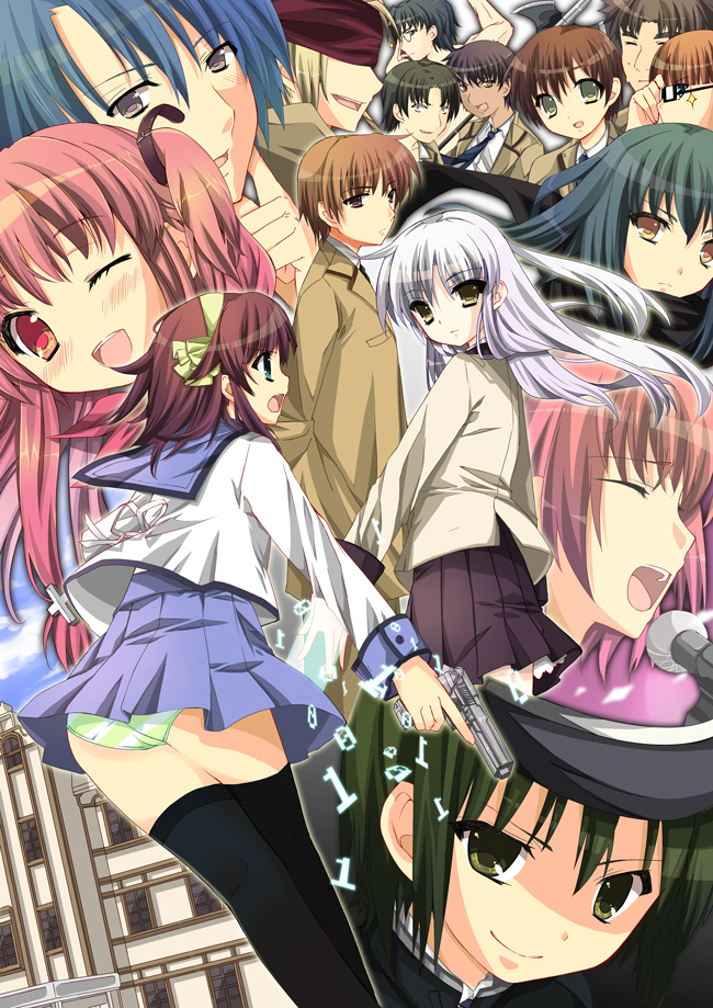 angel_beats!, bandana, binary, black_hair, black_legwear, blonde_hair, blue_hair, blush