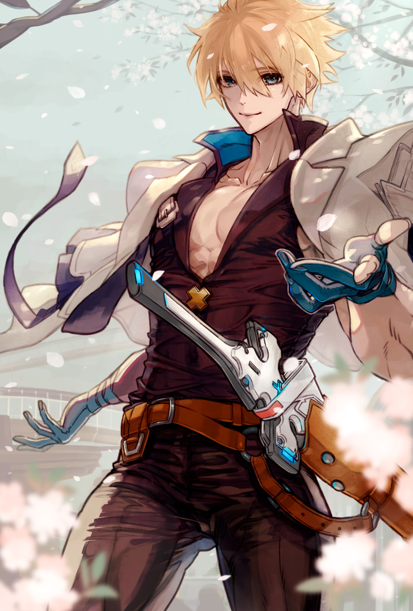 1boy, 2tsubu, belt, black_pants, black_shirt, blonde_hair, blue_eyes, blue_gloves
