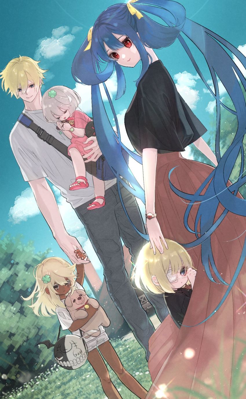 2boys, 2tsubu, 3girls, aged_down, ahoge, baby, baby_carrier, baby_carry