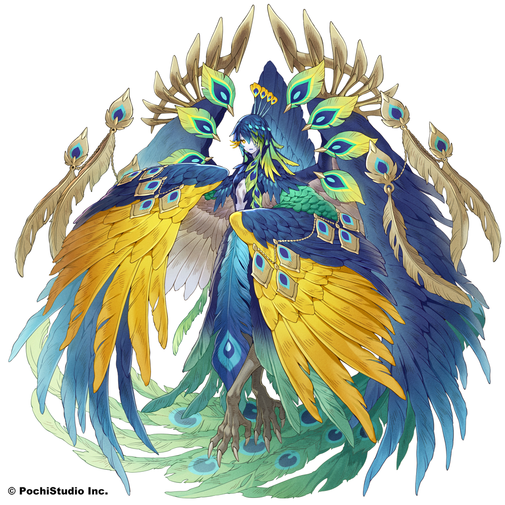 1boy, animal_feet, bird, blue_hair, colored_skin, copyright_request, feather_hair, feathers