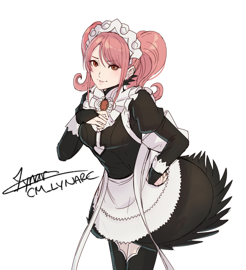 1girl, alternate_costume, apron, artist_name, black_dress, black_thighhighs, cm_lynarc, cosplay