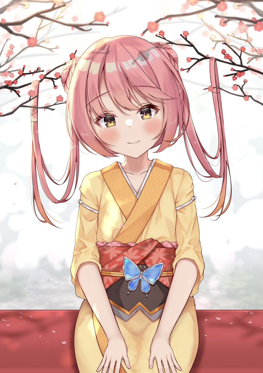 1girl, blush, branch, butterfly_ornament, cherry_blossoms, closed_mouth, commentary, cowboy_shot