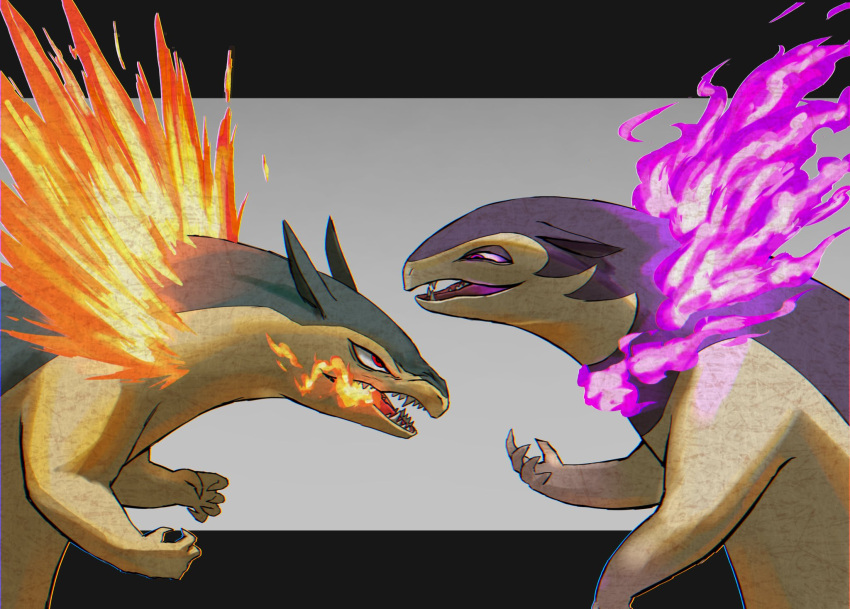 breathing_fire, commentary_request, eye_contact, fire, from_side, futena_goze, grey_background, highres