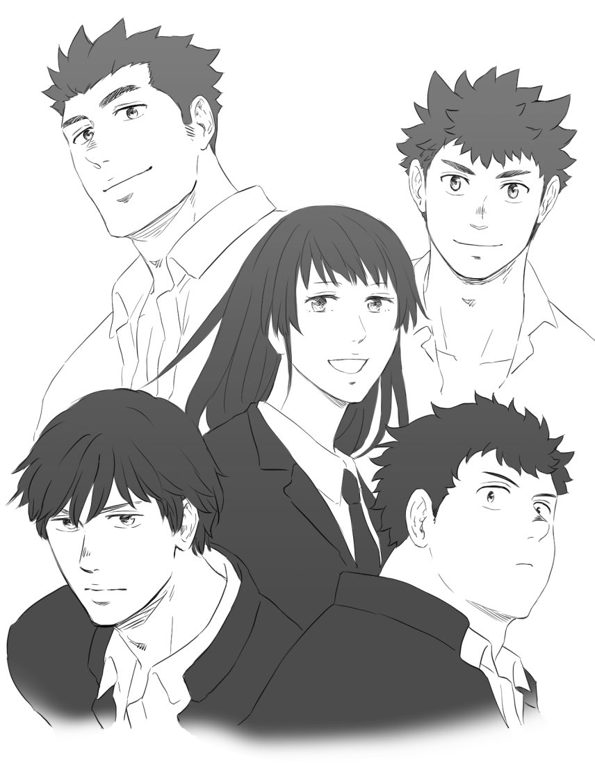1girl, 4boys, closed_mouth, collared_shirt, commentary, eyebrows_hidden_by_hair, gakuran, greyscale