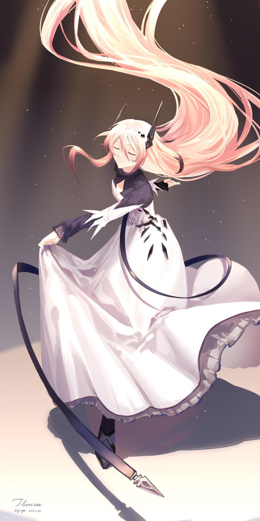 1girl, absurdres, arknights, closed_eyes, closed_mouth, dancing, dated, dress