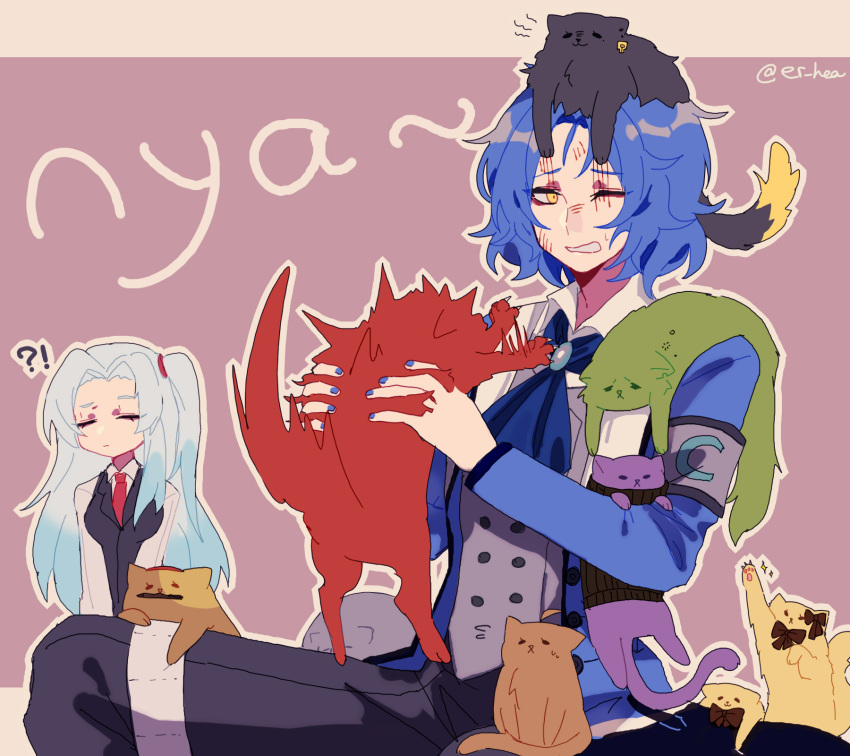 !?, 1boy, 1girl, angela_(project_moon), animal, animal_on_head, animal_on_shoulder, animalization