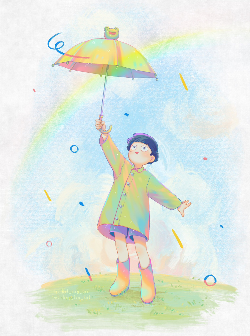 1boy, animal-themed_umbrella, arm_up, black_eyes, black_hair, blush, boots, bowl_cut