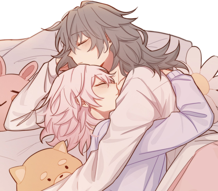2girls, alternate_costume, arm_support, closed_eyes, closed_mouth, collarbone, couple, cuddling