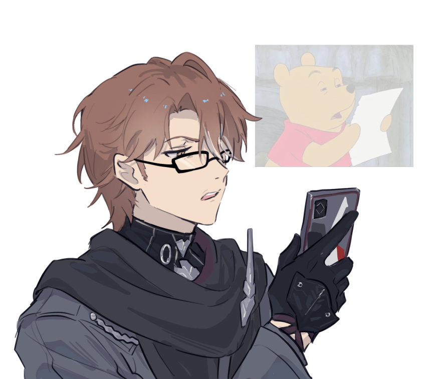 1boy, 2boys, black-framed_eyewear, black_gloves, black_scarf, brown_hair, derivative_work, english_commentary