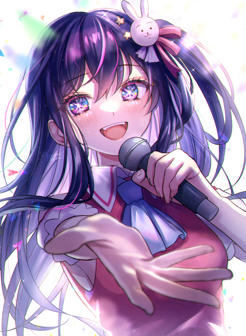 1girl, absurdres, ascot, blue_ascot, blush, commentary_request, detached_sleeves, dress, hair_ornament, heartcolor89, highres, holding, holding_microphone, hoshino_ai_(oshi_no_ko), idol, long_hair, microphone, multicolored_hair, one_side_up, open_mouth, oshi_no_ko, pink_dress, purple_hair, rabbit_hair_ornament, reaching_towards_viewer, signature, simple_background, solo, sparkle, star-shaped_pupils, star_(symbol), star_hair_ornament, streaked_hair, sweat, symbol-shaped_pupils, violet_eyes