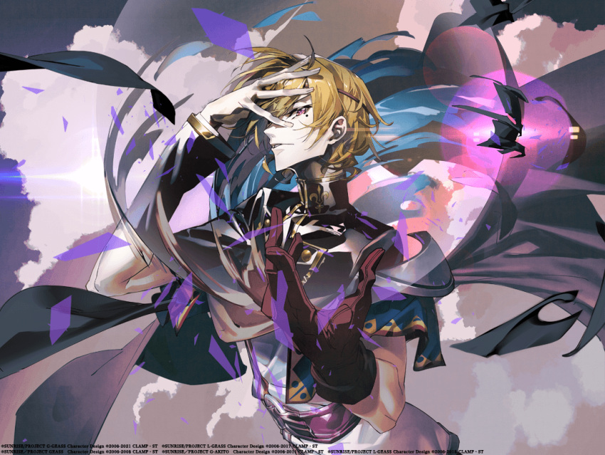 1boy, 88_taho, belt, black_jacket, blue_capelet, brown_gloves, capelet, code_geass