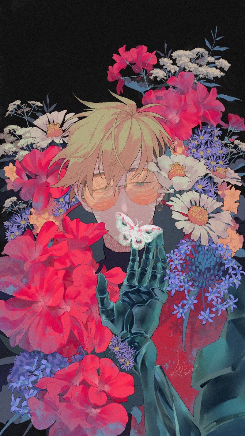 1boy, artist_name, black_background, black_shirt, blonde_hair, blue_eyes, bug, butterfly, coat, collared_coat, commentary_request, covered_mouth, earrings, flower, flower_request, glasses, hair_between_eyes, hand_up, high_collar, highres, jewelry, male_focus, matsumoto_92, mole, mole_under_eye, orange-tinted_eyewear, prosthesis, prosthetic_arm, purple_flower, red_coat, red_flower, round_eyewear, shirt, short_hair, signature, simple_background, single_earring, solo, tinted_eyewear, trigun, trigun_stampede, turtleneck, undercut, upper_body, vash_the_stampede, white_flower, yellow_flower