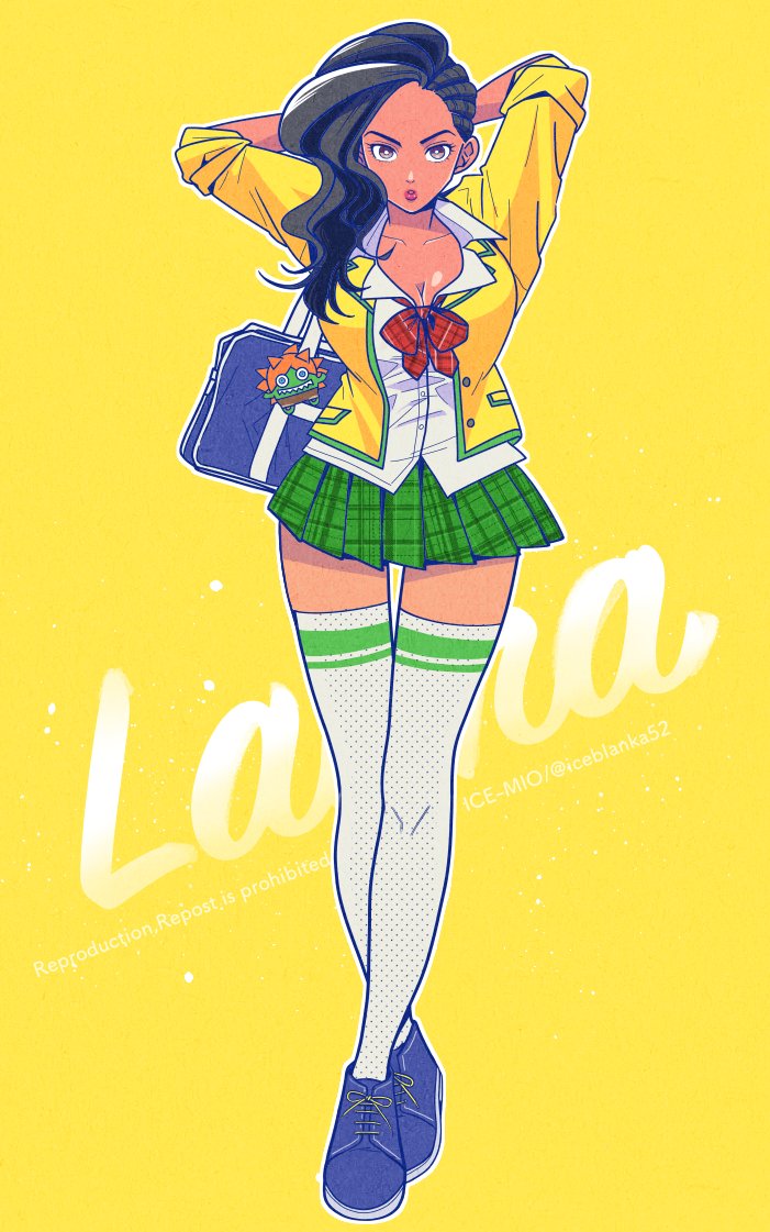 1girl, arms_behind_head, arms_up, asymmetrical_hair, black_hair, blanka-chan, braid, brown_eyes