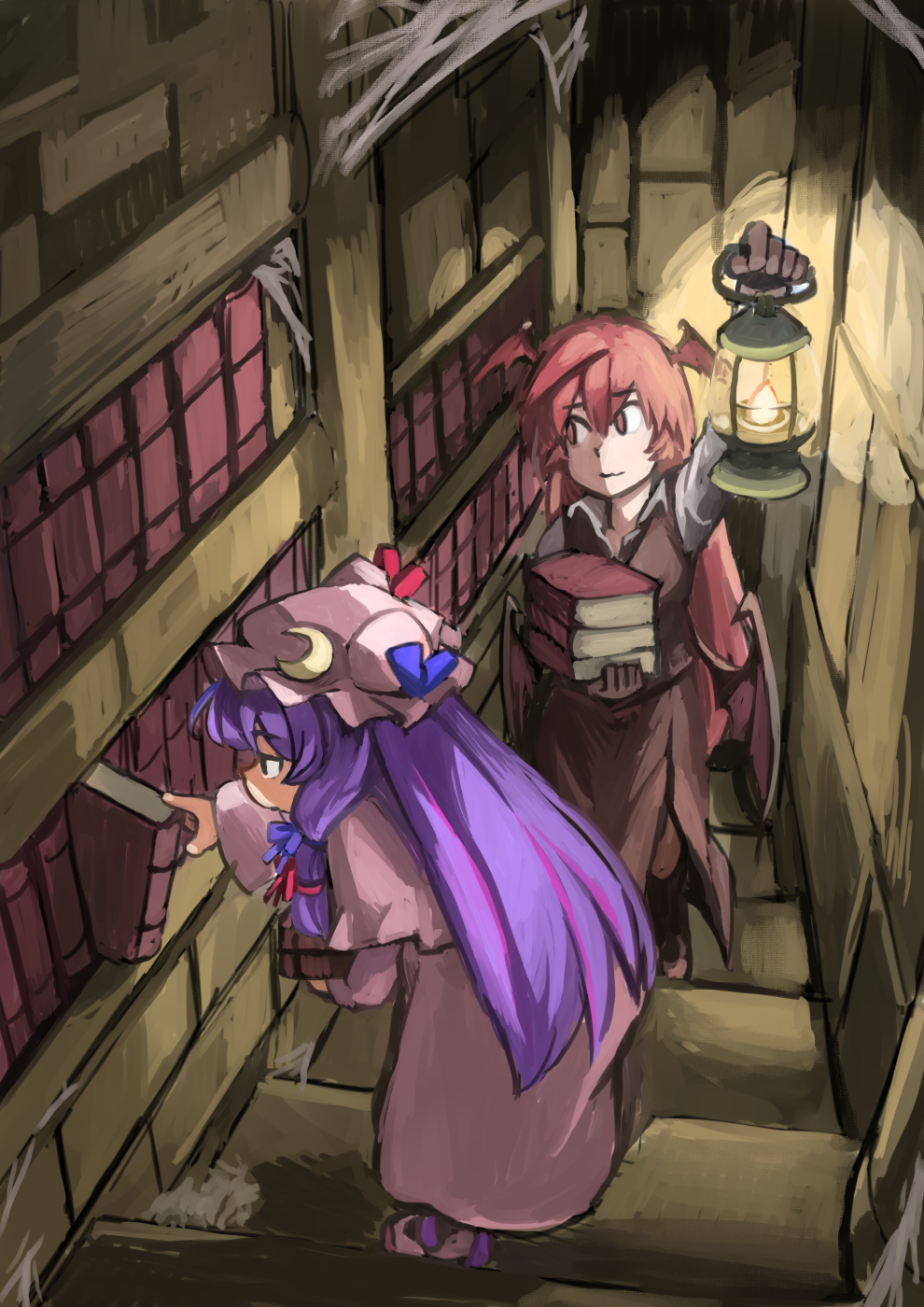 2girls, arm_up, bat_wings, blue_bow, book, book_stack, bow, brown_footwear