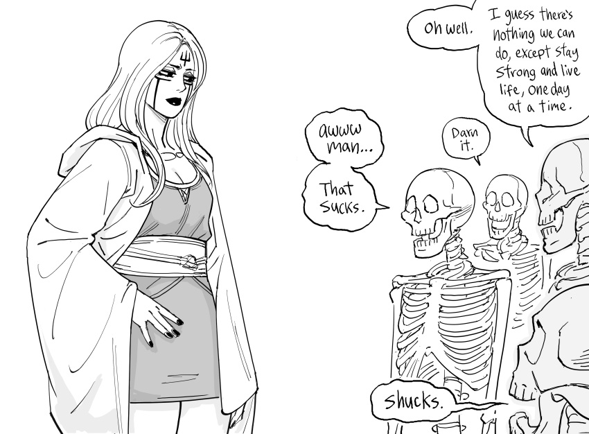 ..., 1girl, 3boys, absurdres, alice_(baalbuddy), bb_(baalbuddy), breasts, english_text, facial_mark, forehead_mark, hand_on_own_hip, highres, hood, hood_down, lipstick, makeup, multiple_boys, original, simple_background, skeleton, small_breasts, speech_bubble, white_background, wide_sleeves
