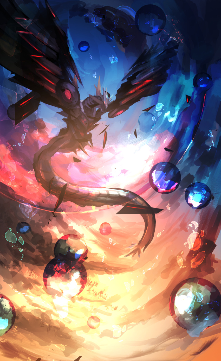 absurdres, asaki_(asaki_vision), bubble, cyber_dragon_infinity, dragon, duel_monster, gradient_sky, highres, no_humans, sky, solo, spread_wings, wings, yu-gi-oh!