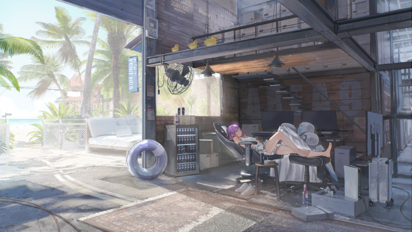 1girl, barefoot, bottle, chair, closed_eyes, computer, controller, day